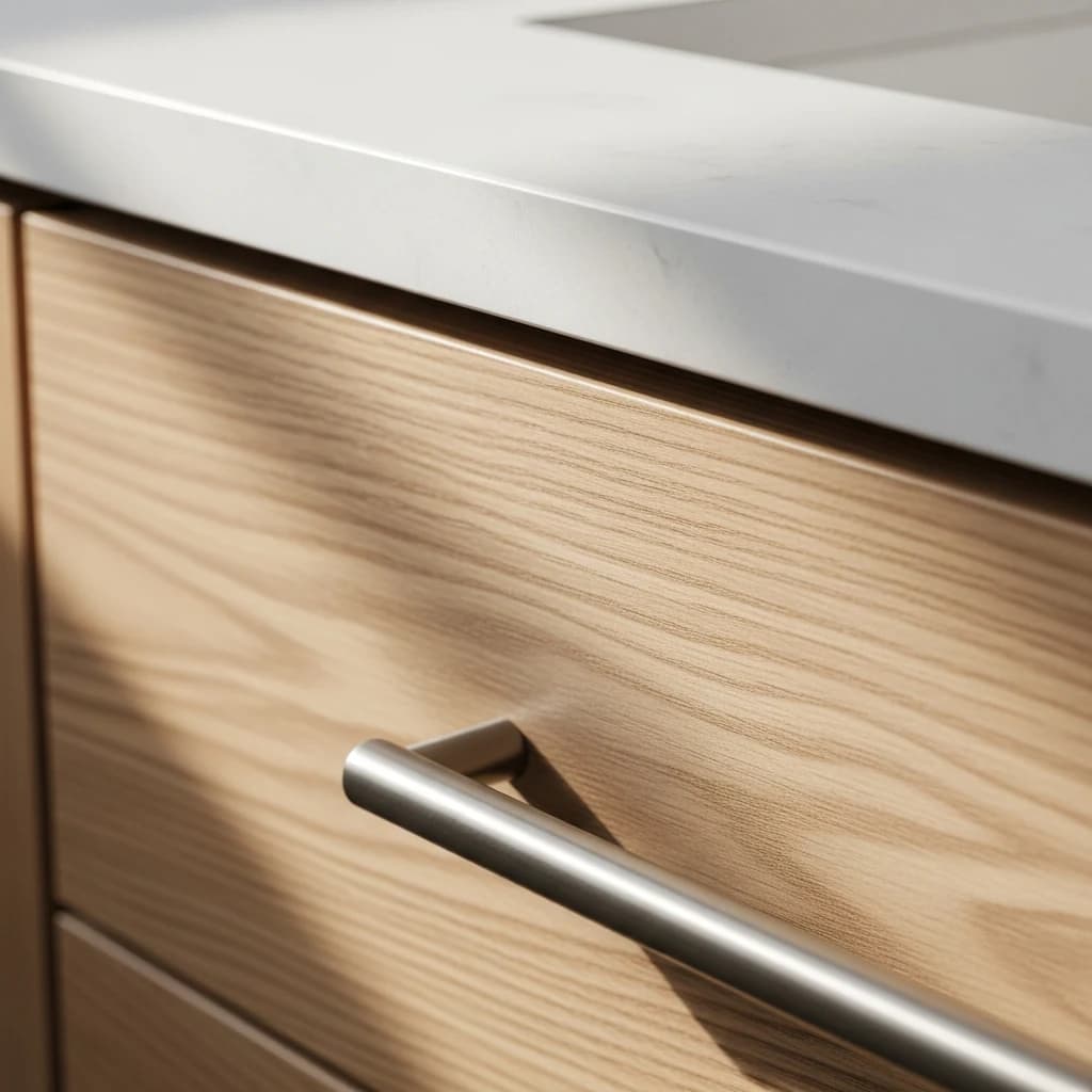 Close detail of white-oak cabinetry meeting a quartz countertop with a brushed nickel pull