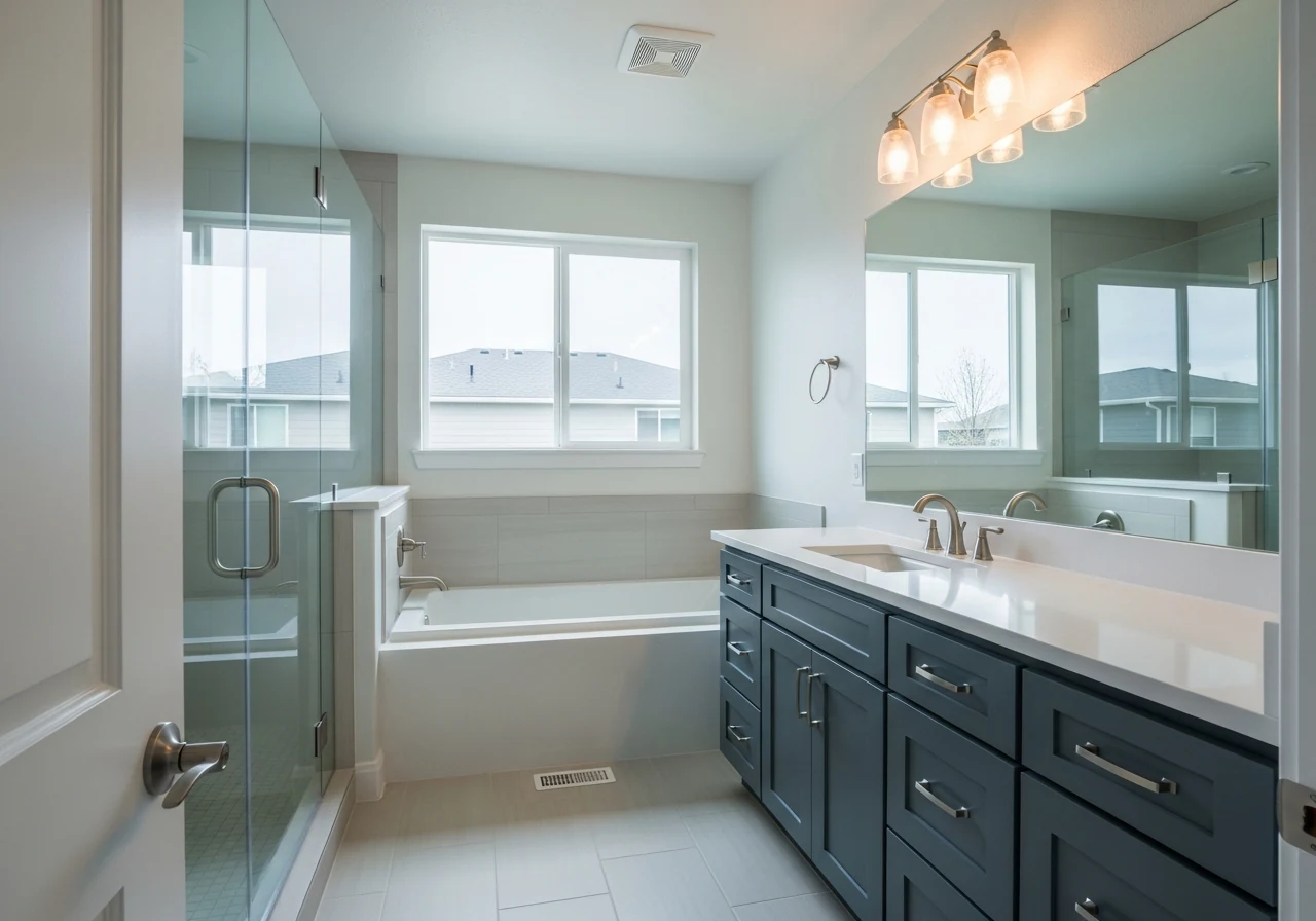 A remodeled bathroom showing a glass shower, a built-in tub, a navy shaker vanity with a quartz top and a large mirror