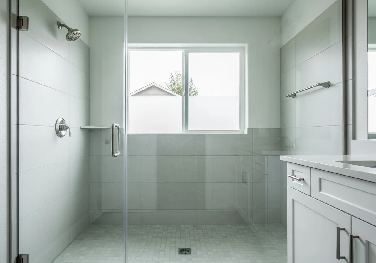 A walk-in shower with a frameless glass door, large-format pale grey tile, a mosaic tile floor and brushed nickel fixtures, beside a white vanity