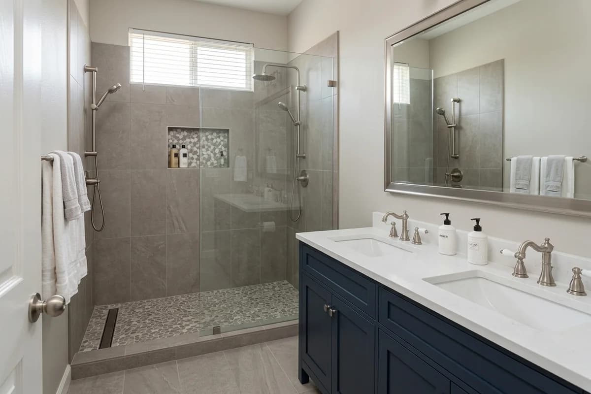 A finished Meridian master bathroom with a tiled walk-in shower, linear drain, navy double vanity and quartz counter
